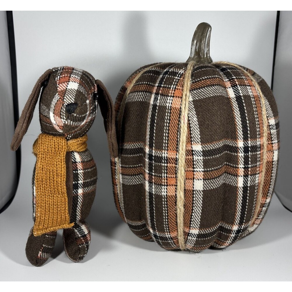 10" Pumpkin & Matching Stuffed Dog Fall/Autumn Decorations, Brown Plaid, GUC